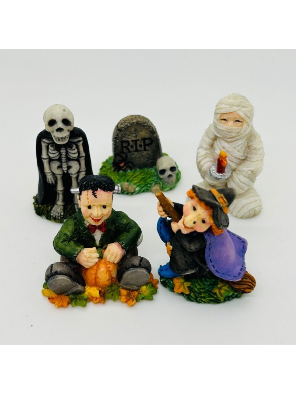 Vintage Enesco Miniature Halloween Figurine Witch Frankenstein Skeleton Mummy - Picture 13 of 16